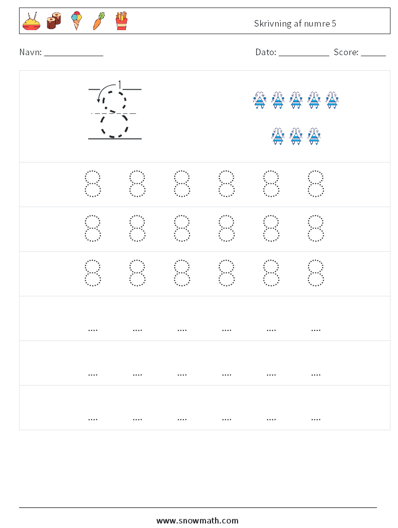 Skrivning af numre 5 Matematiske regneark 7