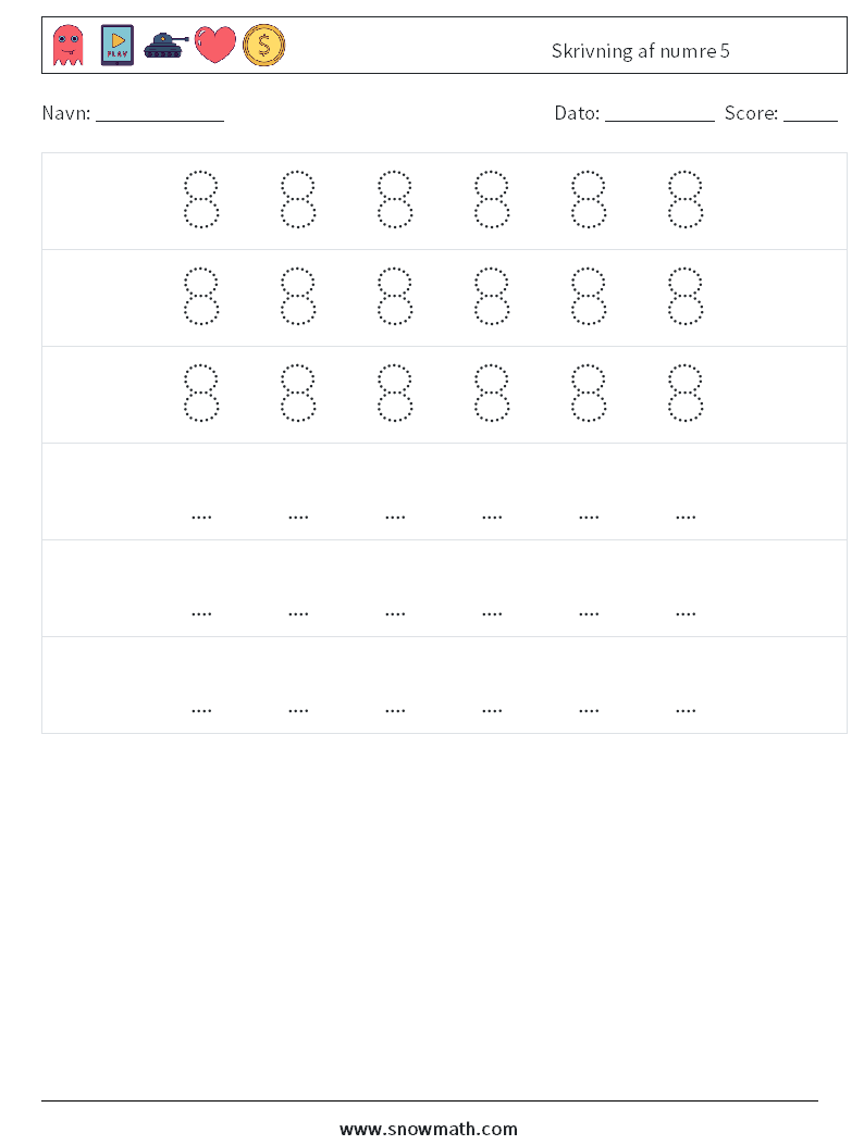 Skrivning af numre 5 Matematiske regneark 8