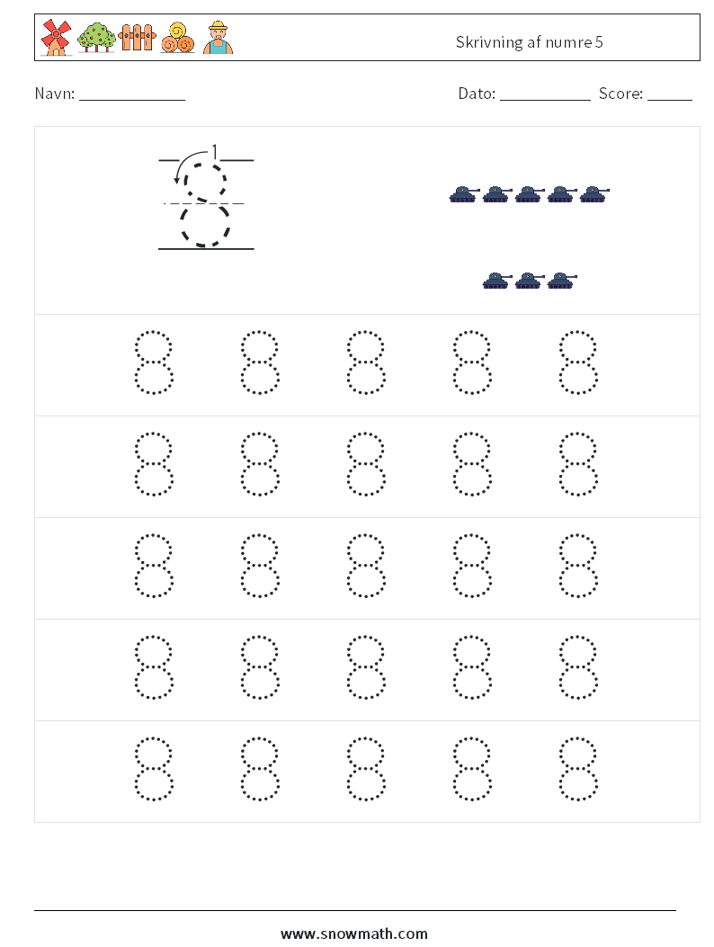 Skrivning af numre 5 Matematiske regneark 9