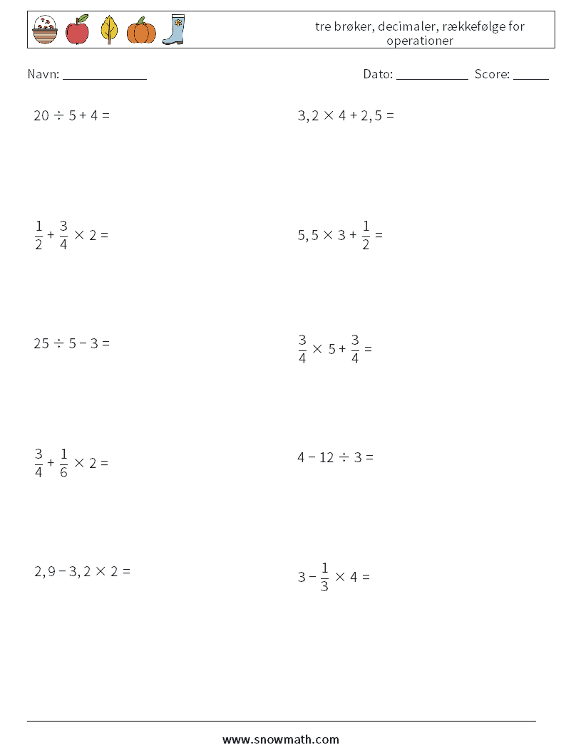 (10) tre brøker, decimaler, rækkefølge for operationer Matematiske regneark 1