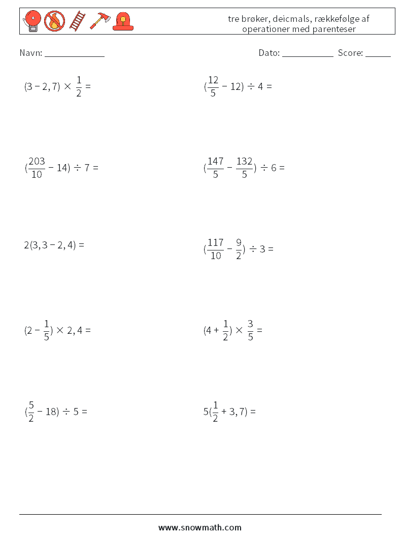 (10) tre brøker, deicmals, rækkefølge af operationer med parenteser Matematiske regneark 1