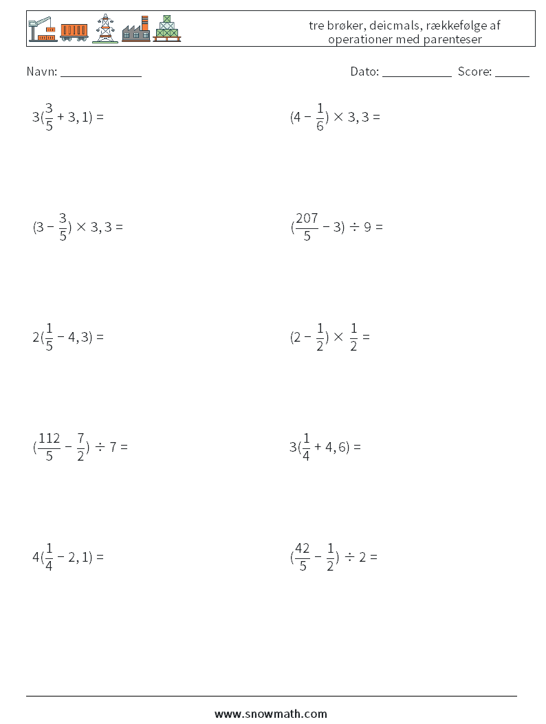 (10) tre brøker, deicmals, rækkefølge af operationer med parenteser Matematiske regneark 14