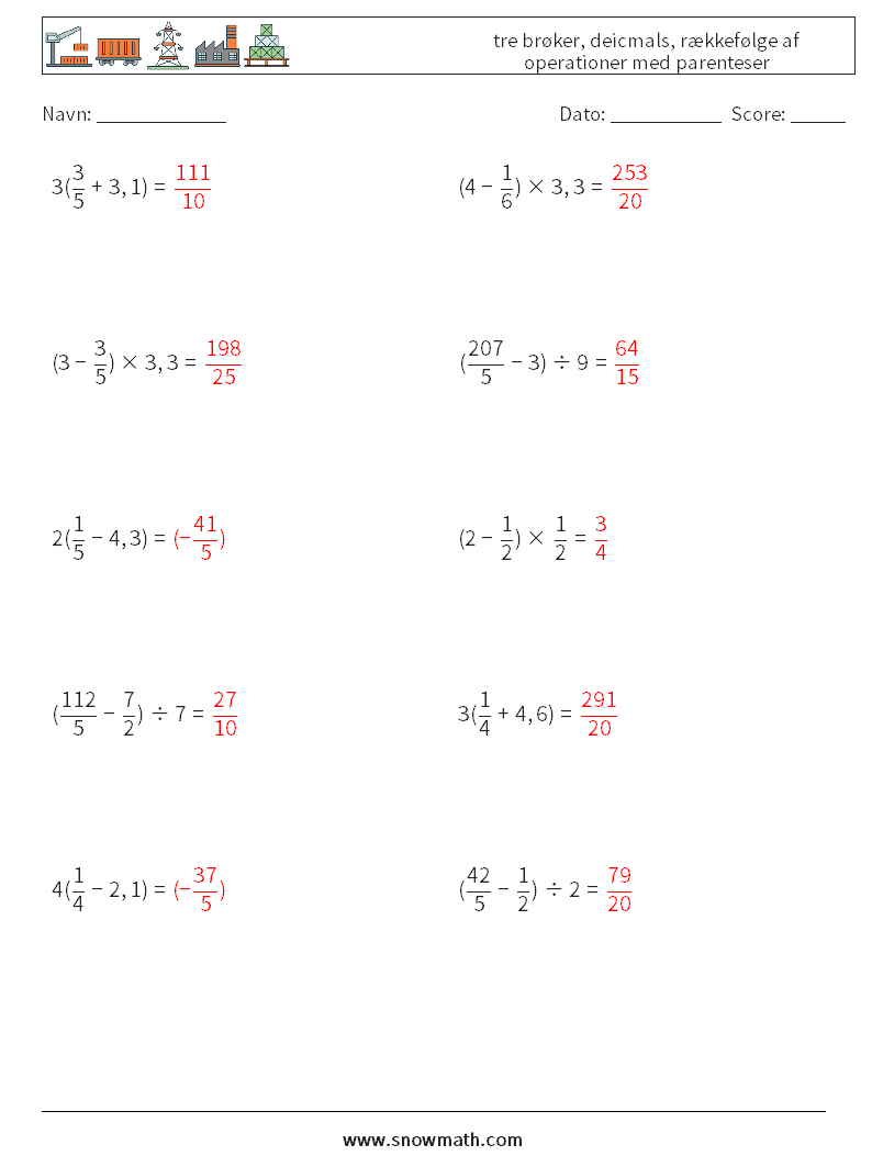(10) tre brøker, deicmals, rækkefølge af operationer med parenteser Matematiske regneark 14 Spørgsmål, svar