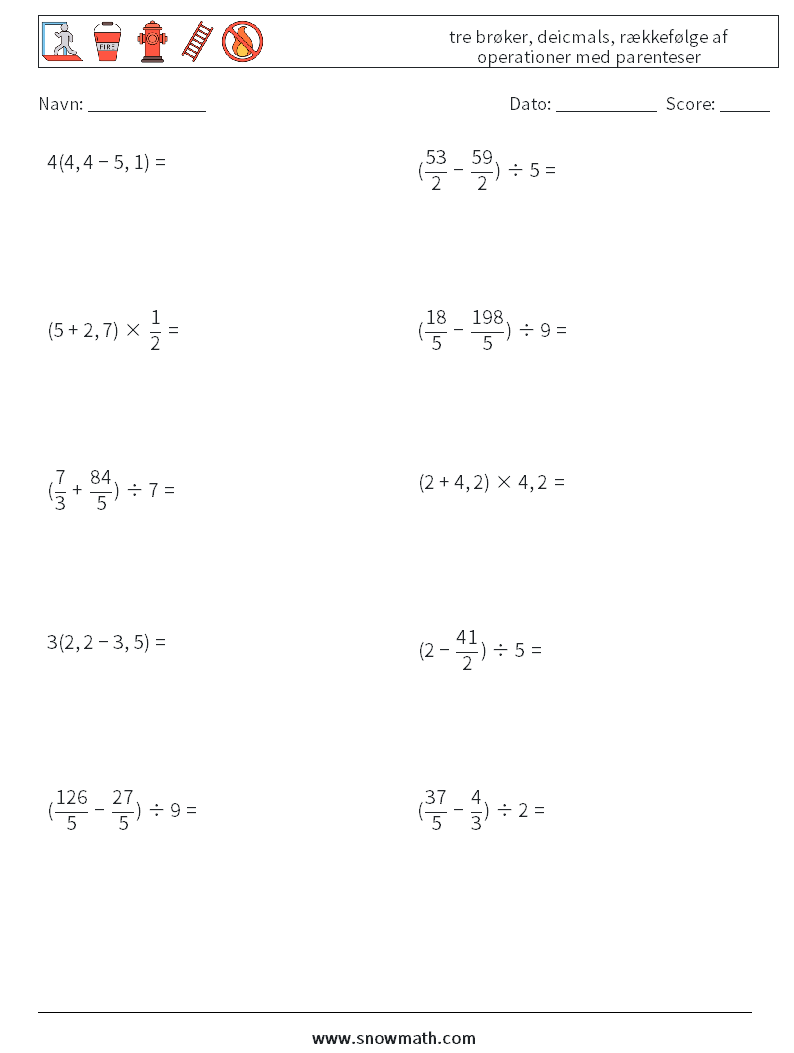 (10) tre brøker, deicmals, rækkefølge af operationer med parenteser Matematiske regneark 17