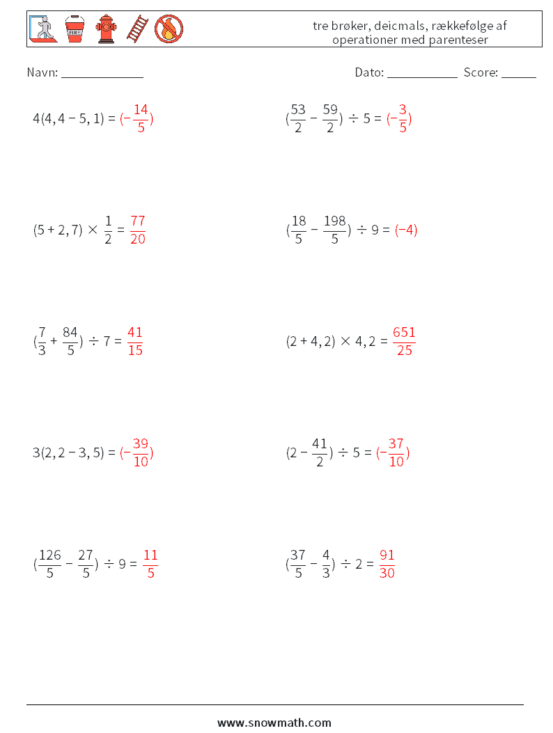 (10) tre brøker, deicmals, rækkefølge af operationer med parenteser Matematiske regneark 17 Spørgsmål, svar