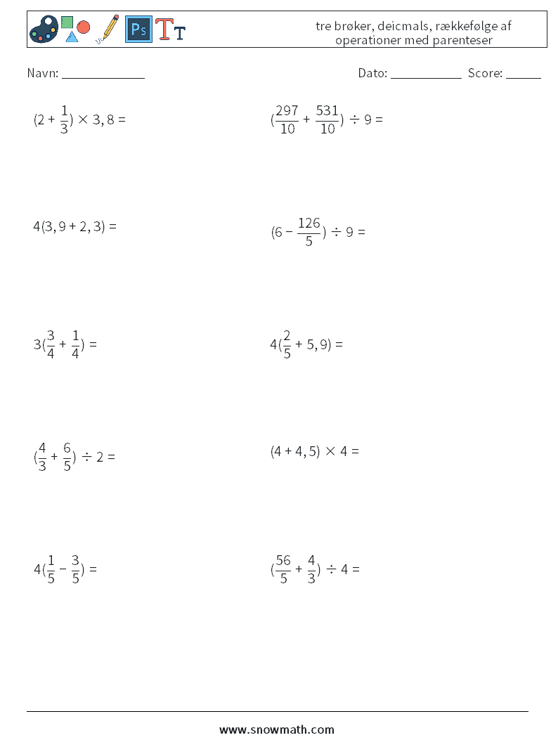 (10) tre brøker, deicmals, rækkefølge af operationer med parenteser Matematiske regneark 18