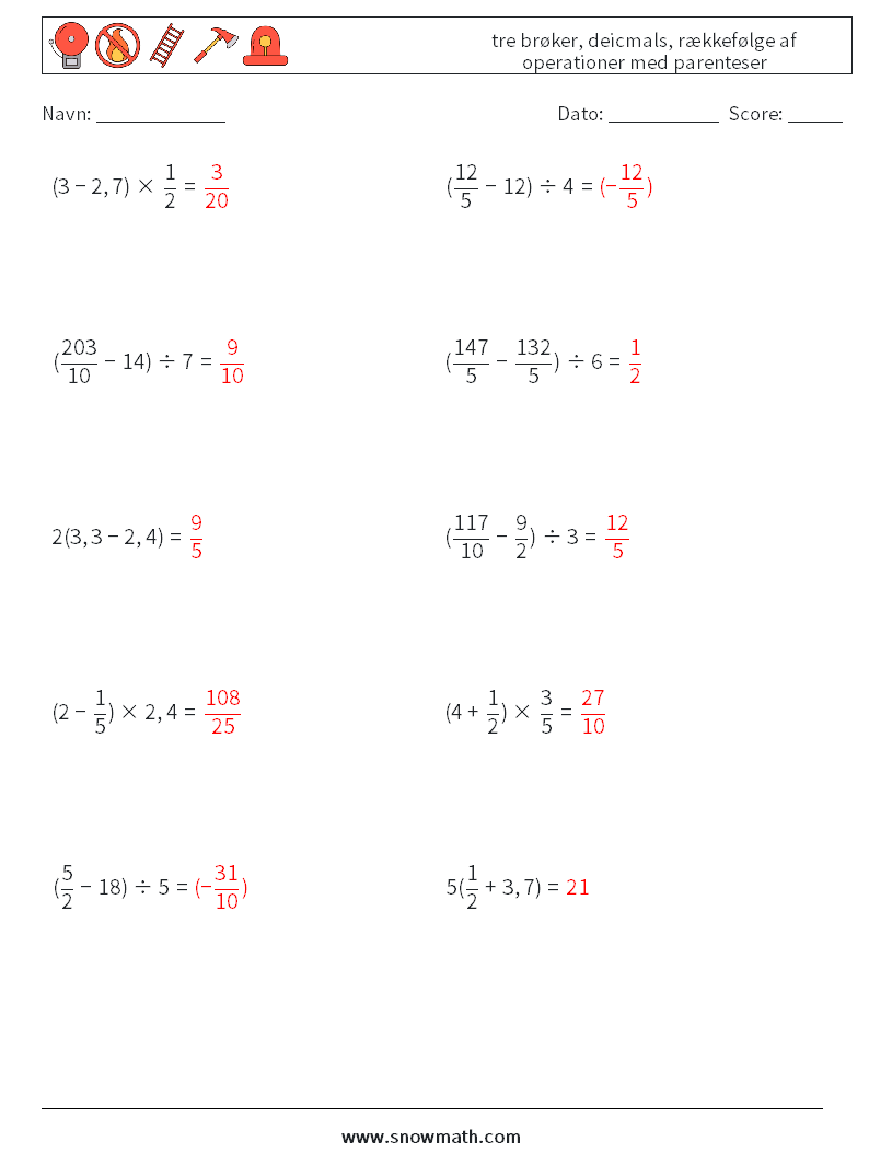 (10) tre brøker, deicmals, rækkefølge af operationer med parenteser Matematiske regneark 1 Spørgsmål, svar