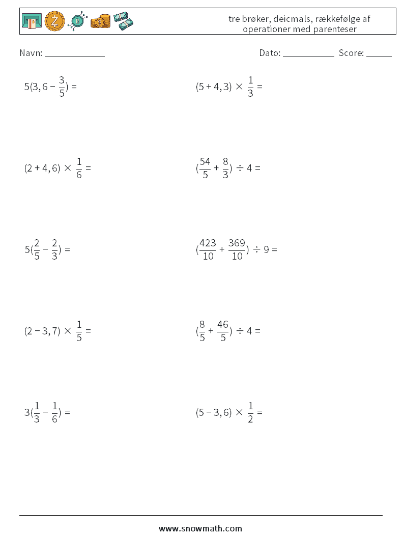 (10) tre brøker, deicmals, rækkefølge af operationer med parenteser Matematiske regneark 2