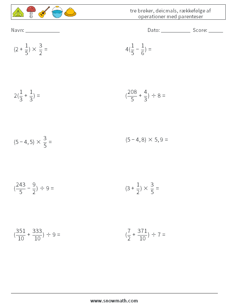 (10) tre brøker, deicmals, rækkefølge af operationer med parenteser Matematiske regneark 3