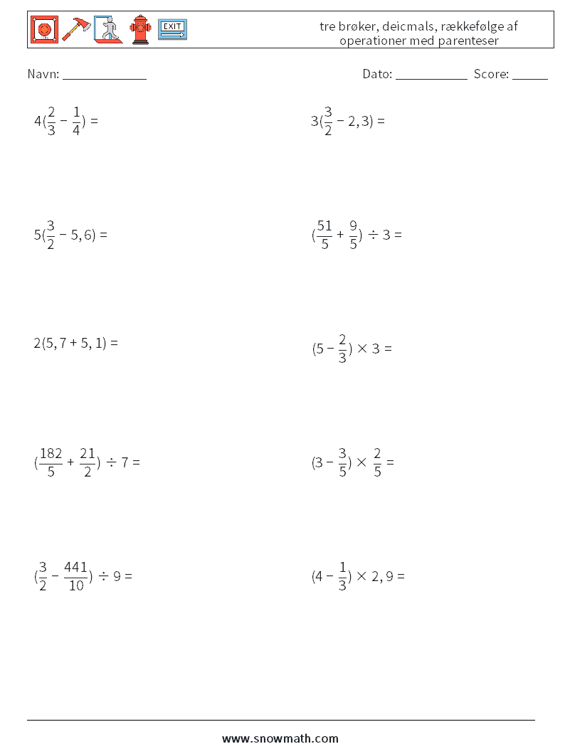 (10) tre brøker, deicmals, rækkefølge af operationer med parenteser Matematiske regneark 4