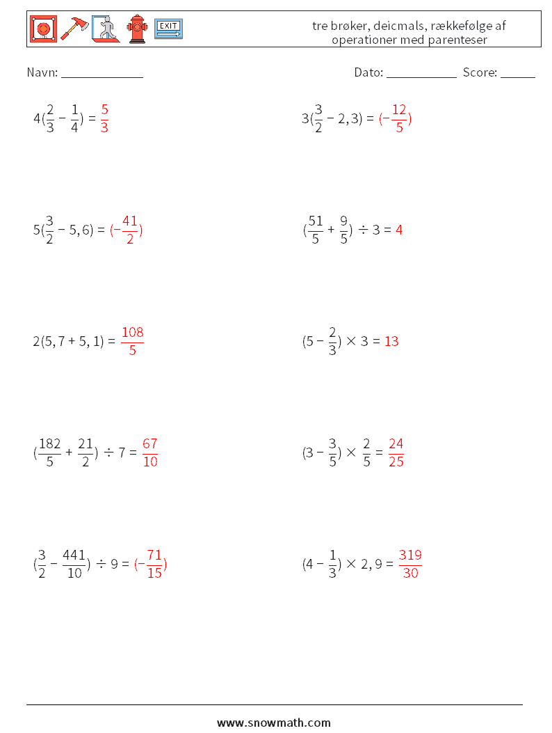 (10) tre brøker, deicmals, rækkefølge af operationer med parenteser Matematiske regneark 4 Spørgsmål, svar