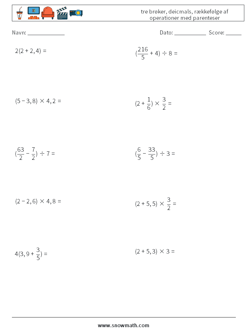 (10) tre brøker, deicmals, rækkefølge af operationer med parenteser Matematiske regneark 5