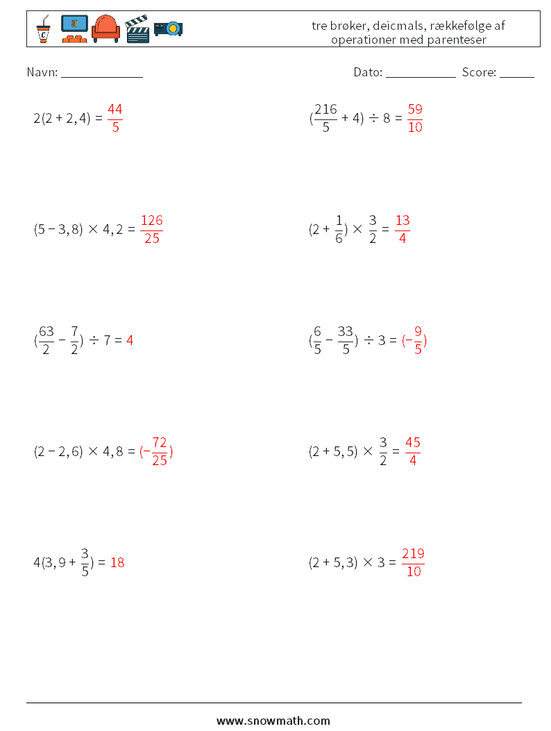 (10) tre brøker, deicmals, rækkefølge af operationer med parenteser Matematiske regneark 5 Spørgsmål, svar