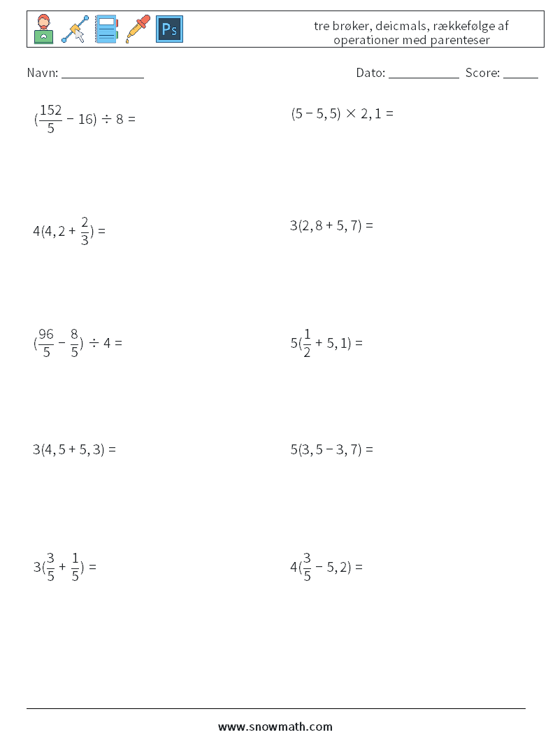 (10) tre brøker, deicmals, rækkefølge af operationer med parenteser Matematiske regneark 6