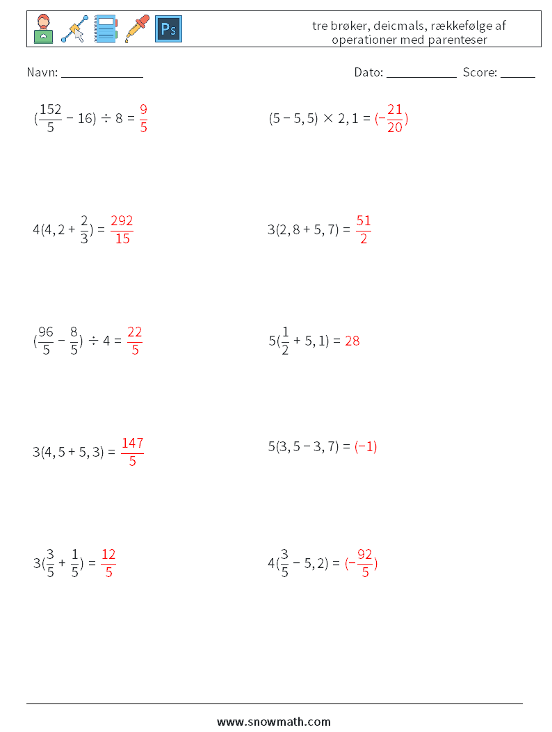 (10) tre brøker, deicmals, rækkefølge af operationer med parenteser Matematiske regneark 6 Spørgsmål, svar