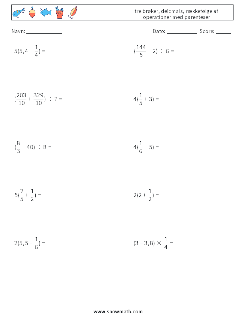 (10) tre brøker, deicmals, rækkefølge af operationer med parenteser Matematiske regneark 7