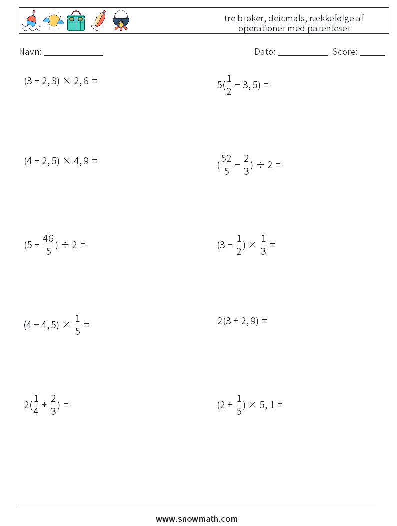 (10) tre brøker, deicmals, rækkefølge af operationer med parenteser Matematiske regneark 8