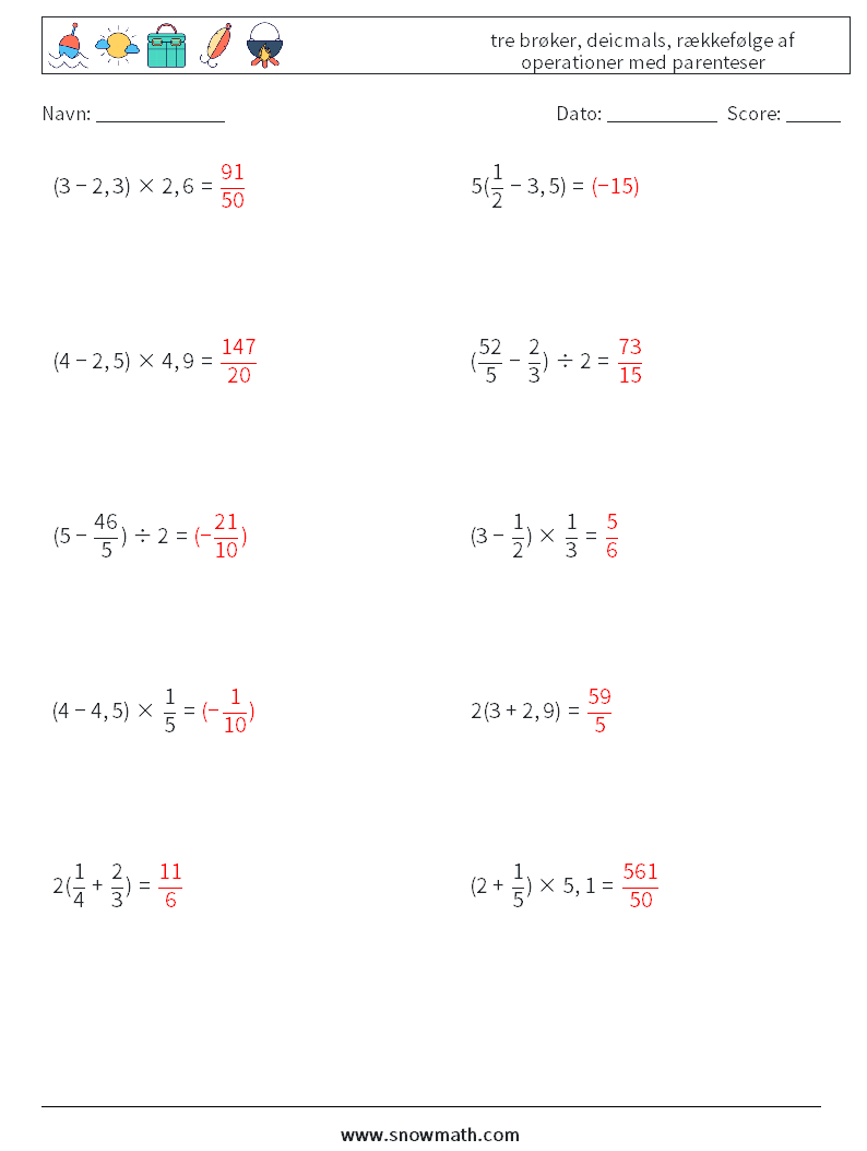 (10) tre brøker, deicmals, rækkefølge af operationer med parenteser Matematiske regneark 8 Spørgsmål, svar