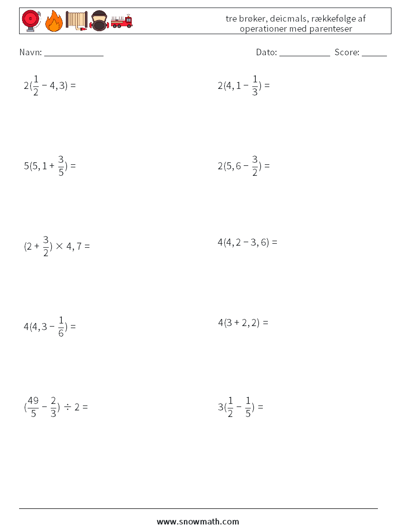(10) tre brøker, deicmals, rækkefølge af operationer med parenteser Matematiske regneark 9