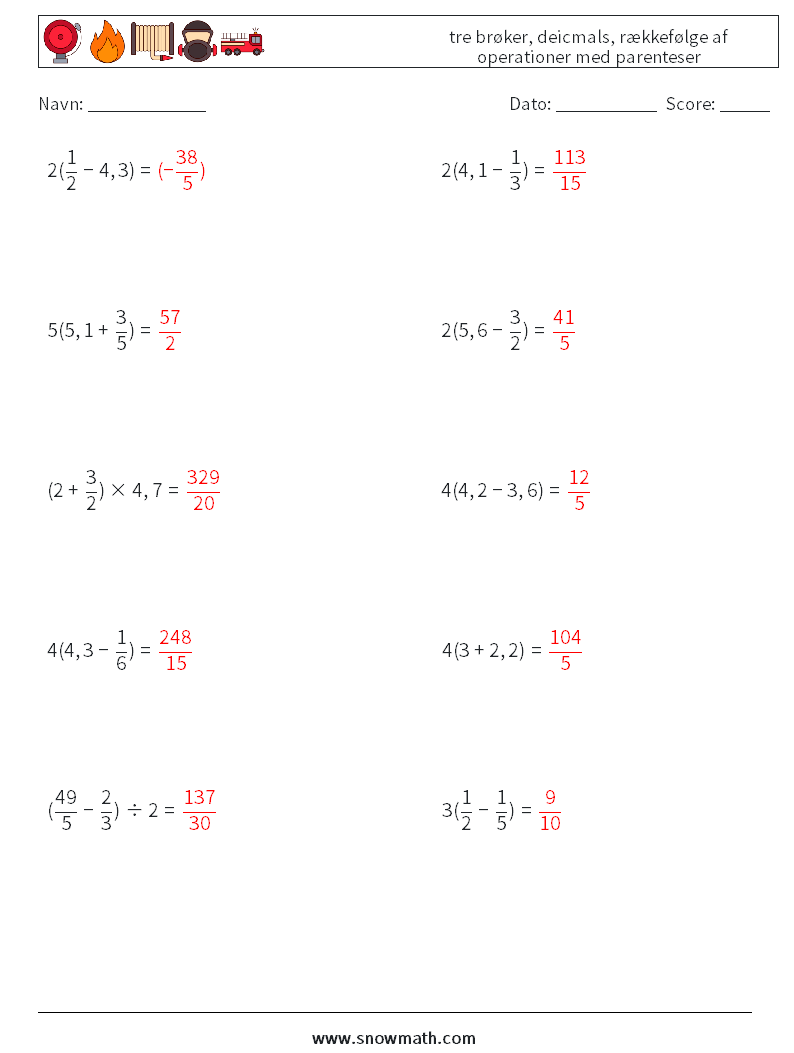 (10) tre brøker, deicmals, rækkefølge af operationer med parenteser Matematiske regneark 9 Spørgsmål, svar