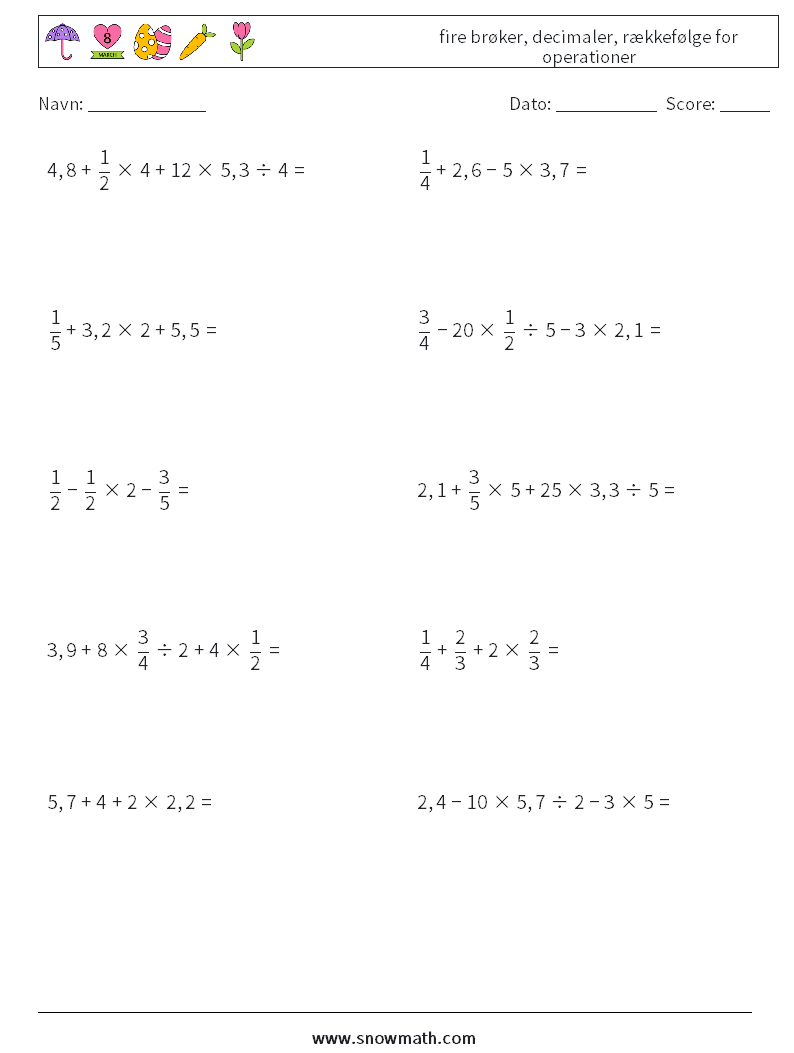 (10) fire brøker, decimaler, rækkefølge for operationer Matematiske regneark 10
