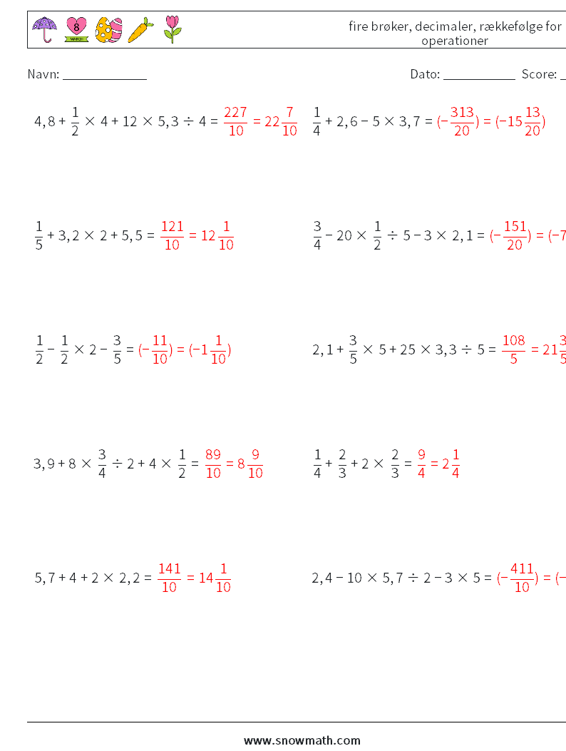 (10) fire brøker, decimaler, rækkefølge for operationer Matematiske regneark 10 Spørgsmål, svar