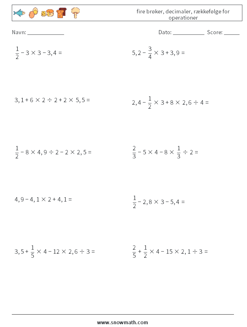 (10) fire brøker, decimaler, rækkefølge for operationer Matematiske regneark 11
