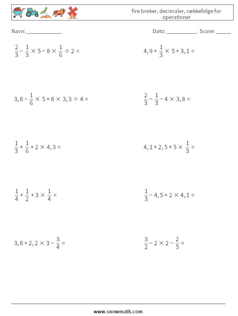 (10) fire brøker, decimaler, rækkefølge for operationer Matematiske regneark 12