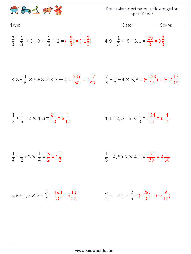 (10) fire brøker, decimaler, rækkefølge for operationer Matematiske regneark 12 Spørgsmål, svar