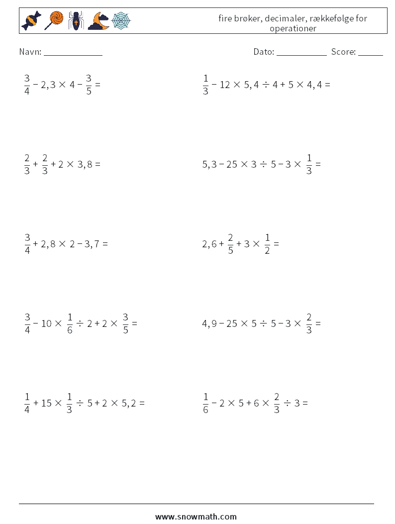 (10) fire brøker, decimaler, rækkefølge for operationer Matematiske regneark 13