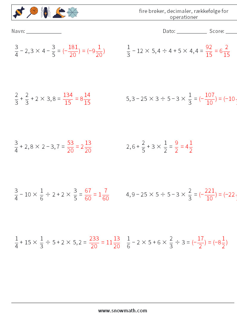 (10) fire brøker, decimaler, rækkefølge for operationer Matematiske regneark 13 Spørgsmål, svar
