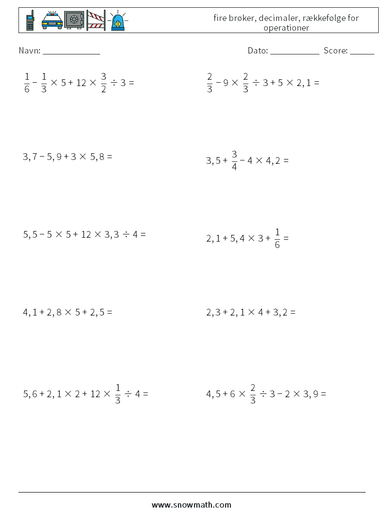 (10) fire brøker, decimaler, rækkefølge for operationer Matematiske regneark 14