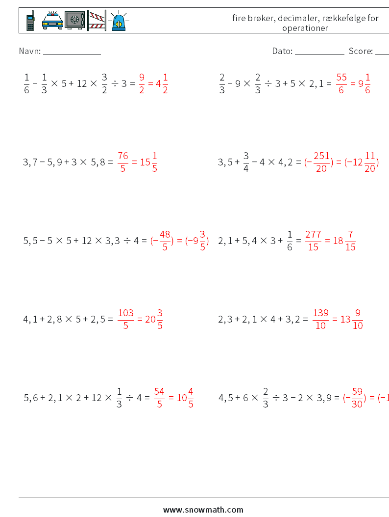 (10) fire brøker, decimaler, rækkefølge for operationer Matematiske regneark 14 Spørgsmål, svar