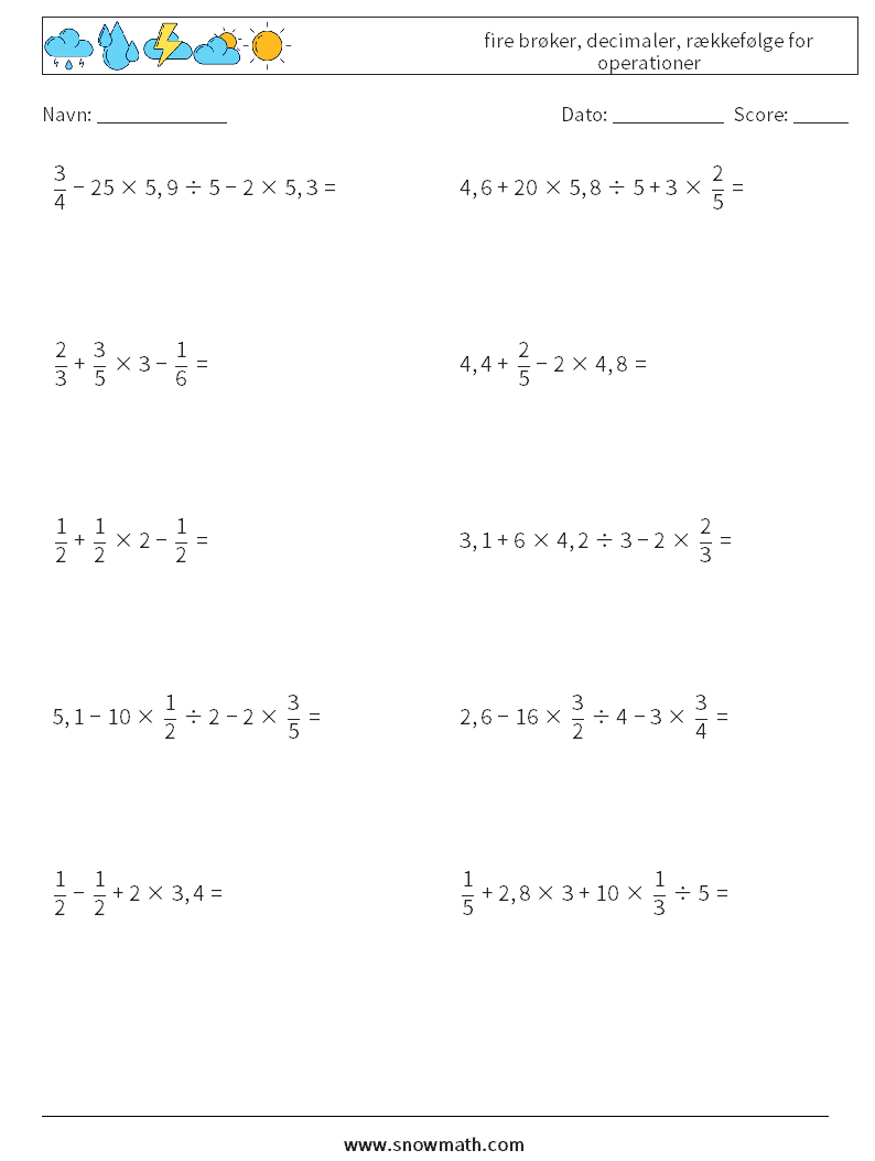 (10) fire brøker, decimaler, rækkefølge for operationer Matematiske regneark 15