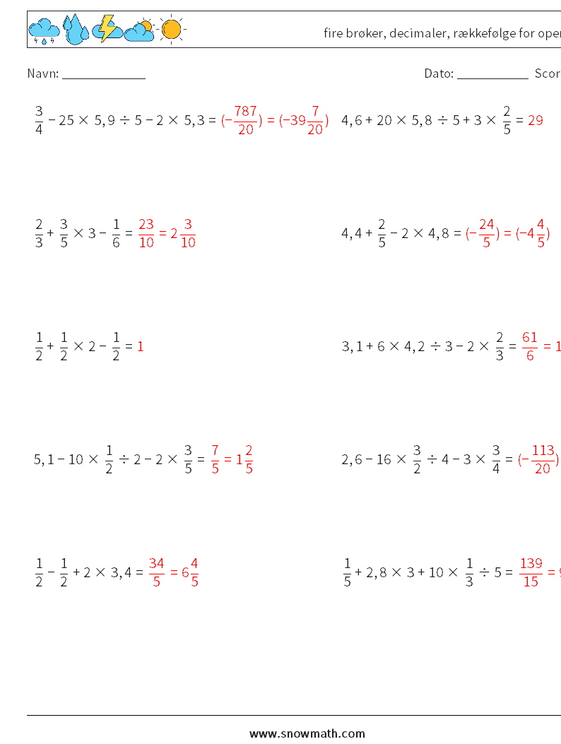 (10) fire brøker, decimaler, rækkefølge for operationer Matematiske regneark 15 Spørgsmål, svar