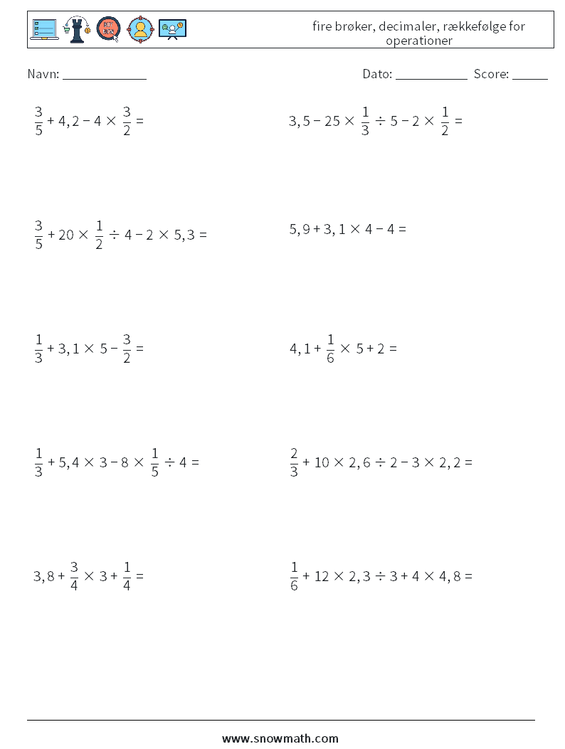 (10) fire brøker, decimaler, rækkefølge for operationer Matematiske regneark 16
