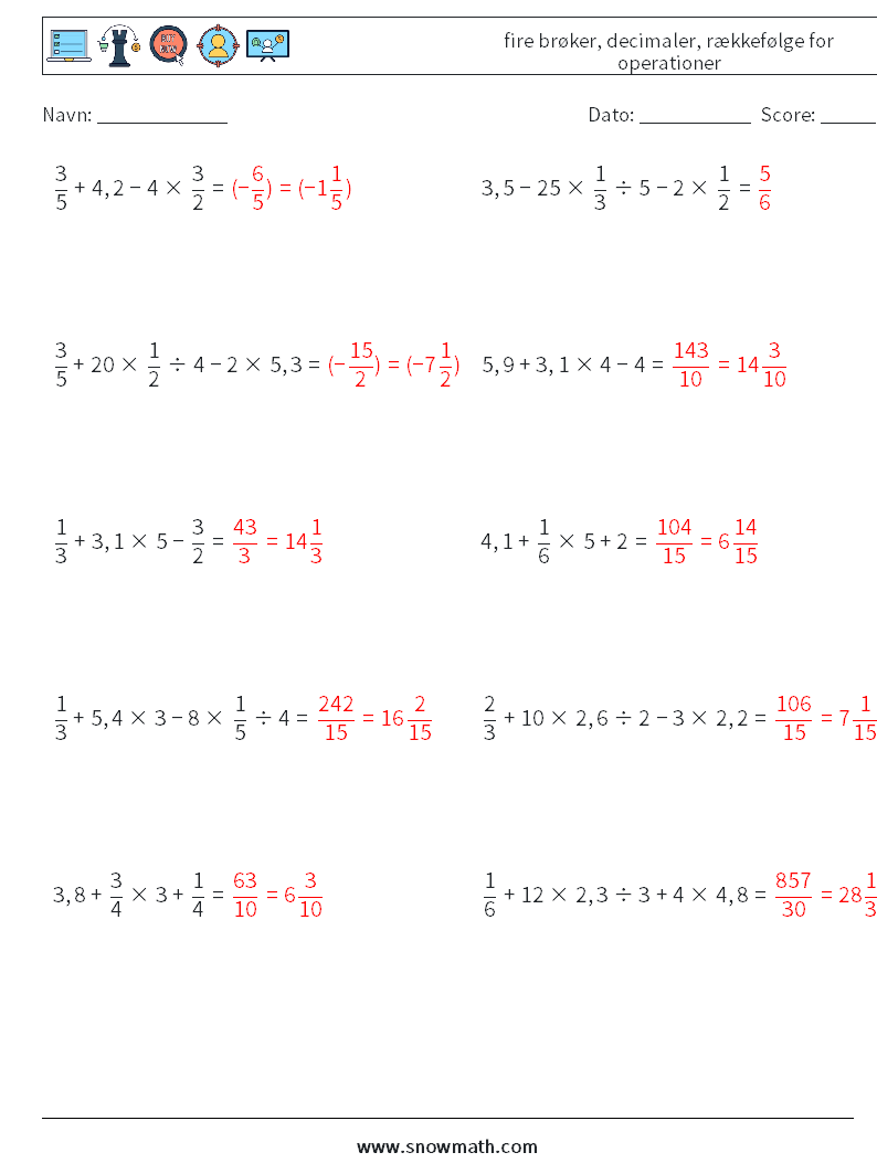 (10) fire brøker, decimaler, rækkefølge for operationer Matematiske regneark 16 Spørgsmål, svar