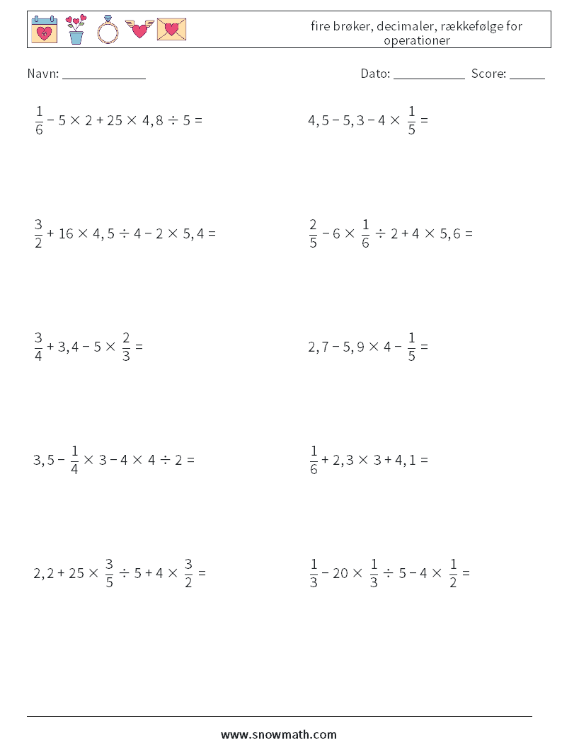 (10) fire brøker, decimaler, rækkefølge for operationer Matematiske regneark 17