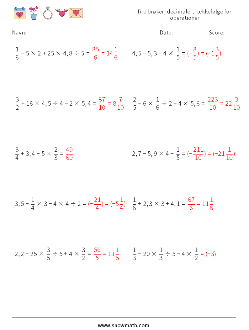 (10) fire brøker, decimaler, rækkefølge for operationer Matematiske regneark 17 Spørgsmål, svar