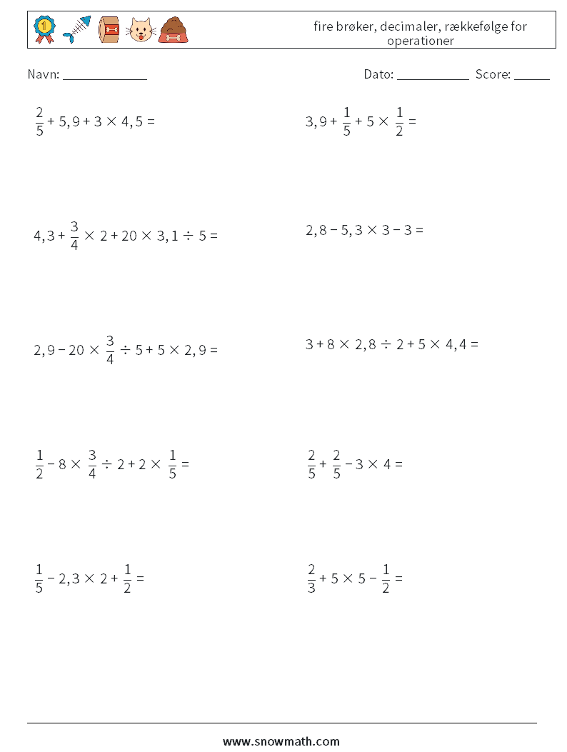 (10) fire brøker, decimaler, rækkefølge for operationer Matematiske regneark 18