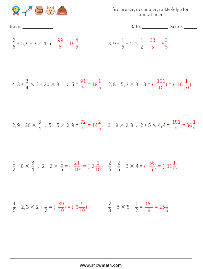 (10) fire brøker, decimaler, rækkefølge for operationer Matematiske regneark 18 Spørgsmål, svar