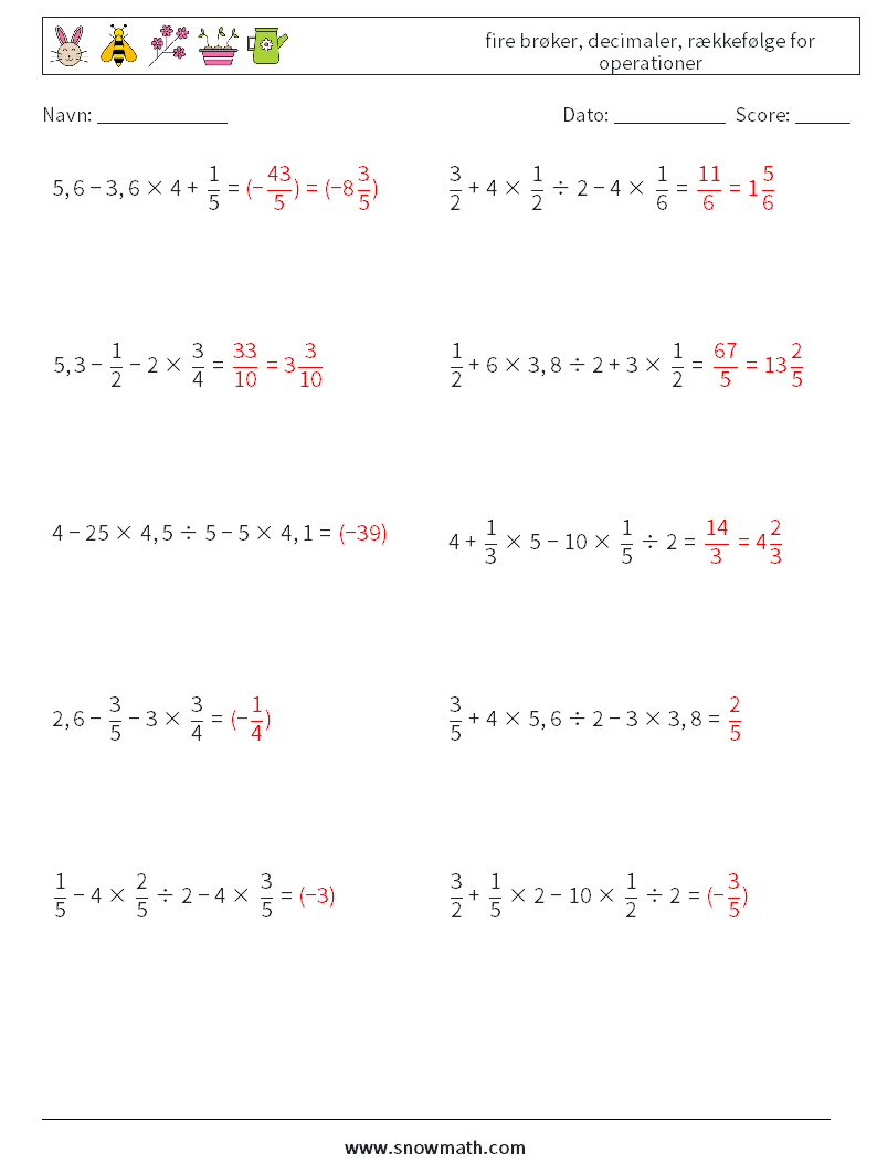 (10) fire brøker, decimaler, rækkefølge for operationer Matematiske regneark 1 Spørgsmål, svar