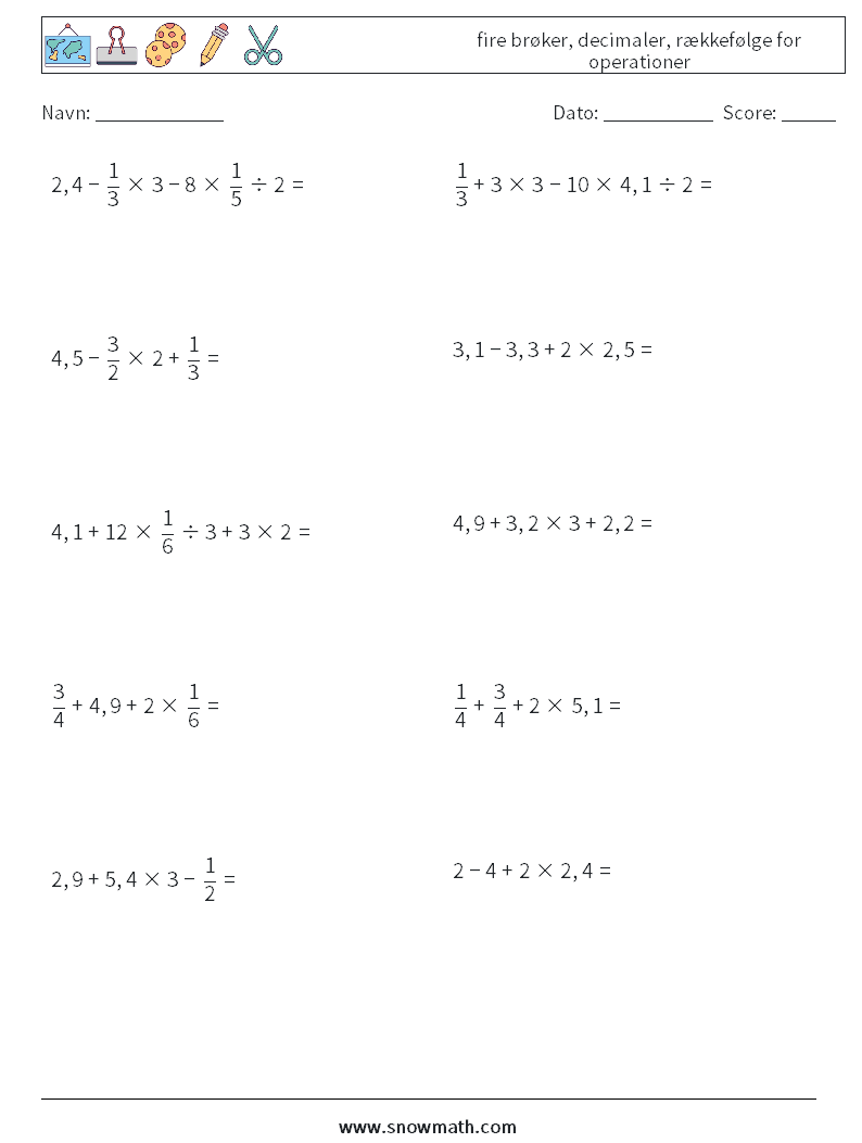 (10) fire brøker, decimaler, rækkefølge for operationer Matematiske regneark 2