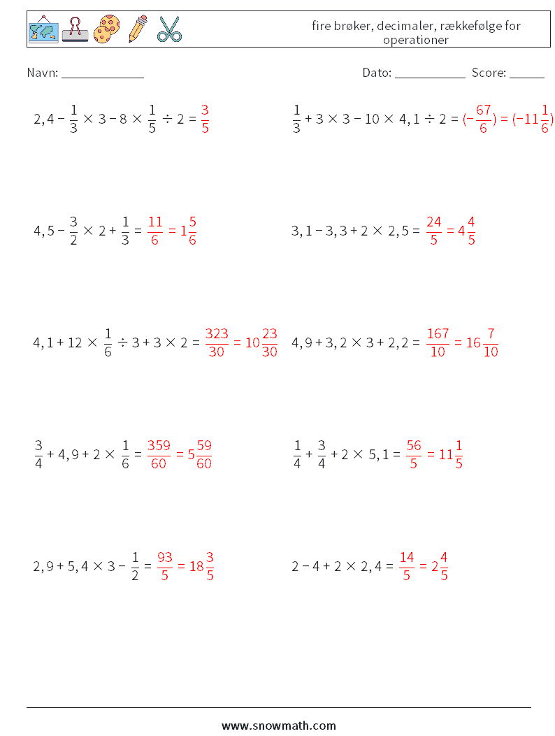 (10) fire brøker, decimaler, rækkefølge for operationer Matematiske regneark 2 Spørgsmål, svar