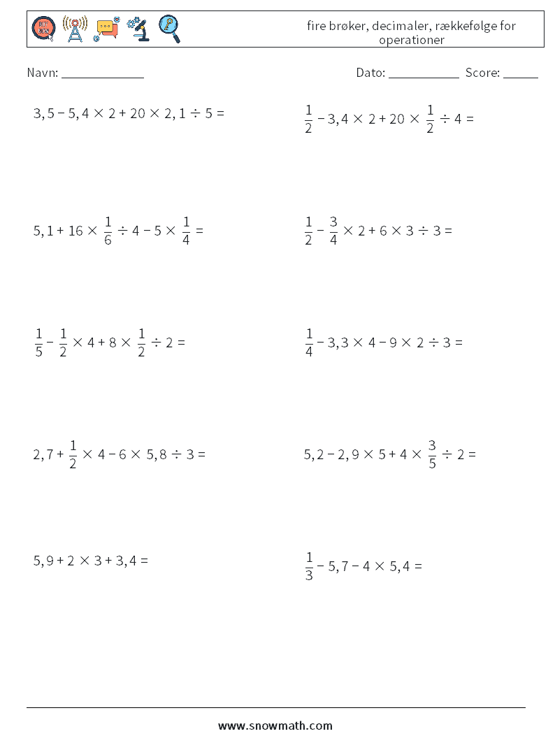 (10) fire brøker, decimaler, rækkefølge for operationer Matematiske regneark 3