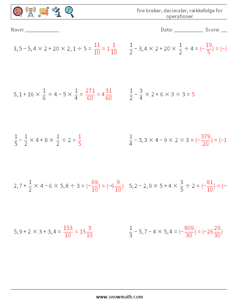 (10) fire brøker, decimaler, rækkefølge for operationer Matematiske regneark 3 Spørgsmål, svar