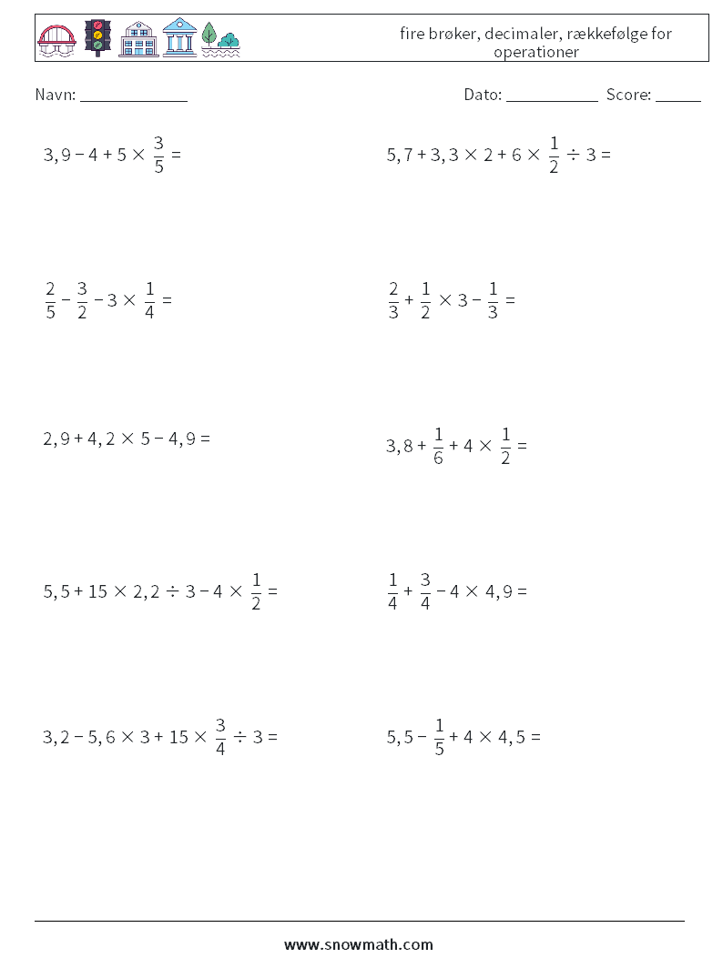 (10) fire brøker, decimaler, rækkefølge for operationer Matematiske regneark 4