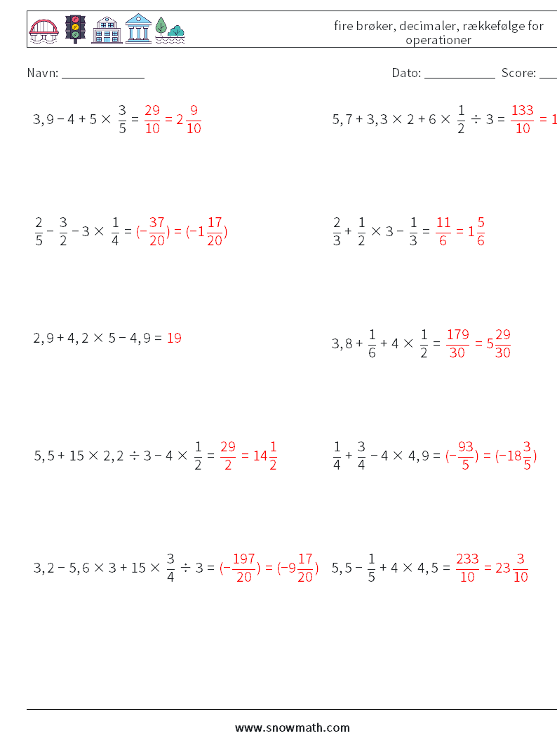 (10) fire brøker, decimaler, rækkefølge for operationer Matematiske regneark 4 Spørgsmål, svar