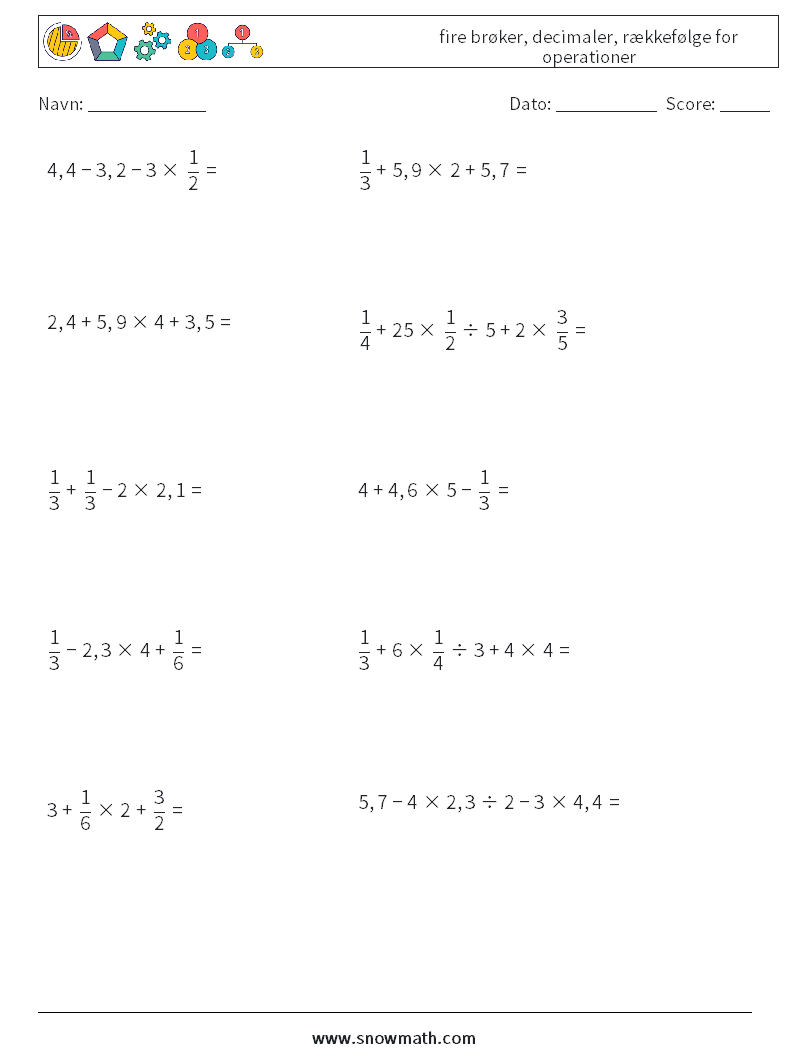 (10) fire brøker, decimaler, rækkefølge for operationer Matematiske regneark 5