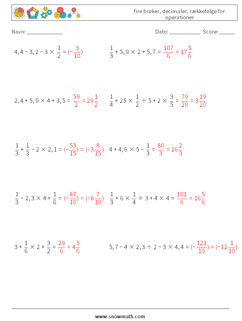 (10) fire brøker, decimaler, rækkefølge for operationer Matematiske regneark 5 Spørgsmål, svar
